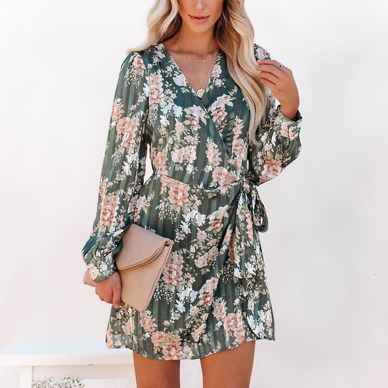 Summer Printed Long Sleeve V-neck Vacation Casual Dress for Women - Image 3