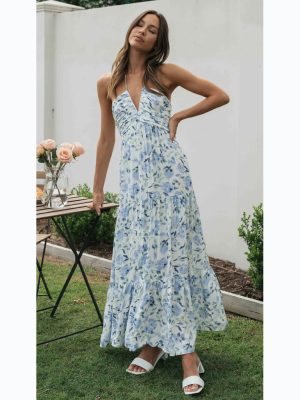 Summer Floral Deep V Plunge neck Backless Camisole Floral Dress