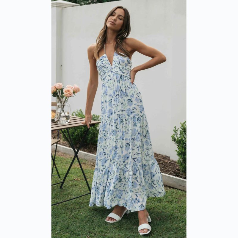 Summer Floral Deep V Plunge neck Backless Camisole Floral Dress