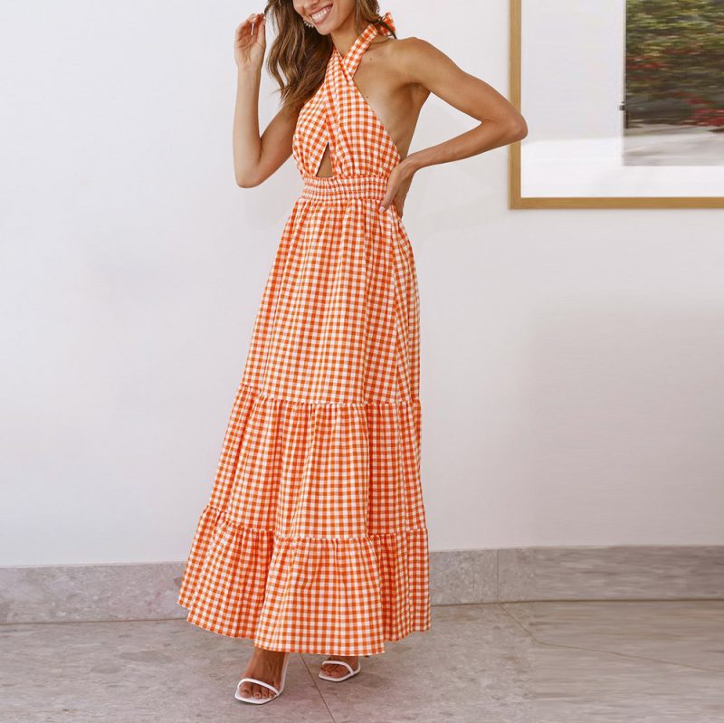 Summer Sexy Casual Tube Top Plaid Dress Midi Dress Women Clothing - Image 2