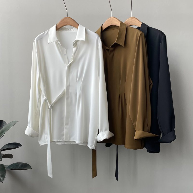 Autumn Design Long Sleeved Shirt for Women Spring Loose Slimming Lace up Draping Shirt - Image 2