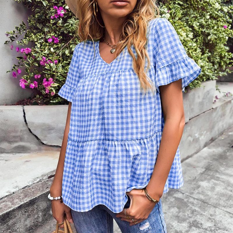 Plaid Women Top Summer Short Sleeve Ruffled Elegant Small Babydoll Shirt - Image 2