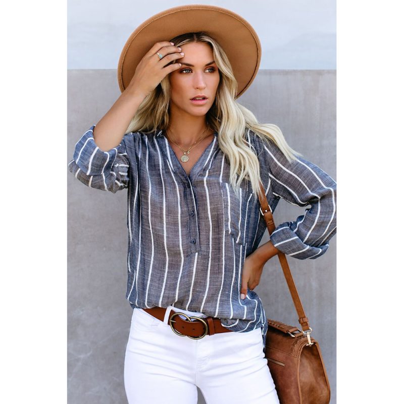 Autumn Women Striped Shirt Loose Single-Breasted Long Sleeve Top - Image 3