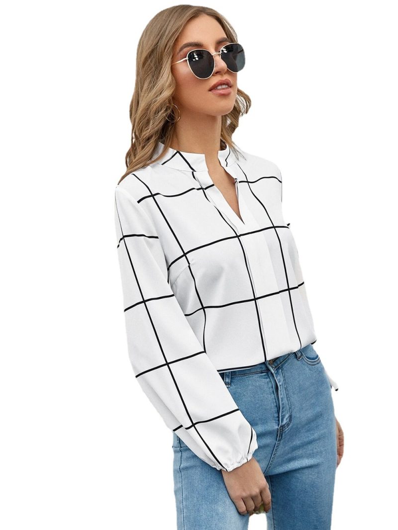 Autumn Elegant Shirt Stand Collar Long Sleeve Plaid Printed Chiffon Women Shirt - Image 4