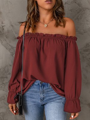 Spring Autumn off Shoulder Sexy off Shoulder Chiffon Shirt Ladies Solid Color Pullover T shirt