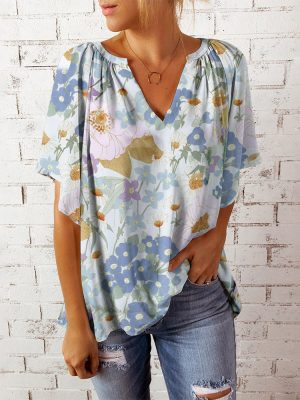 Summer Top Women V neck Printed Short Sleeve Loose Casual Pullover Shirt Women