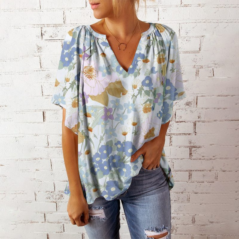 Summer Top Women V neck Printed Short Sleeve Loose Casual Pullover Shirt Women