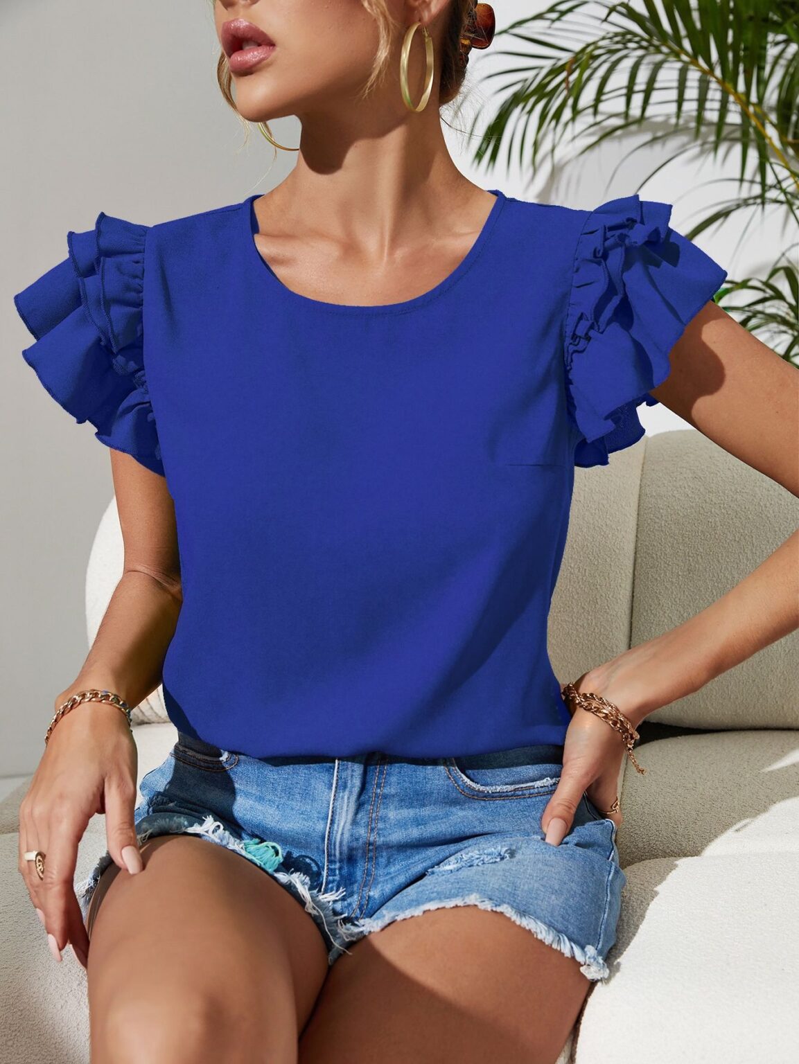 Women Clothing Summer Slim Fit Slimming Top round Neck Shirt - Image 3