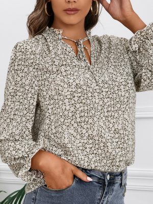 Autumn Loose Casual Print Fungus V-neck Shirt Small Floral Lotus Leaf Long Sleeve Shirt Top Female