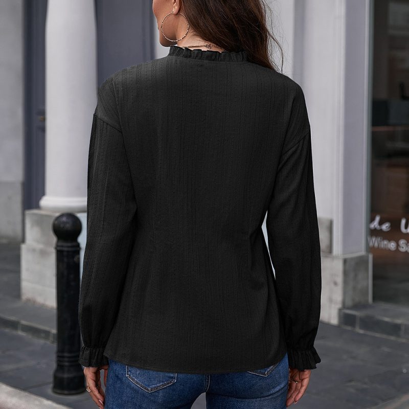 Office Slim Fit Ruffled Long Sleeve Stringy Selvedge Stand-up Collar Single-Breasted Shirt Pure Cotton Shirt Top for Women - Image 3