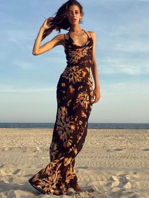 Popular Summer Women Clothing Sexy Print Pile Collar Sling Backless Maxi Dress for Women