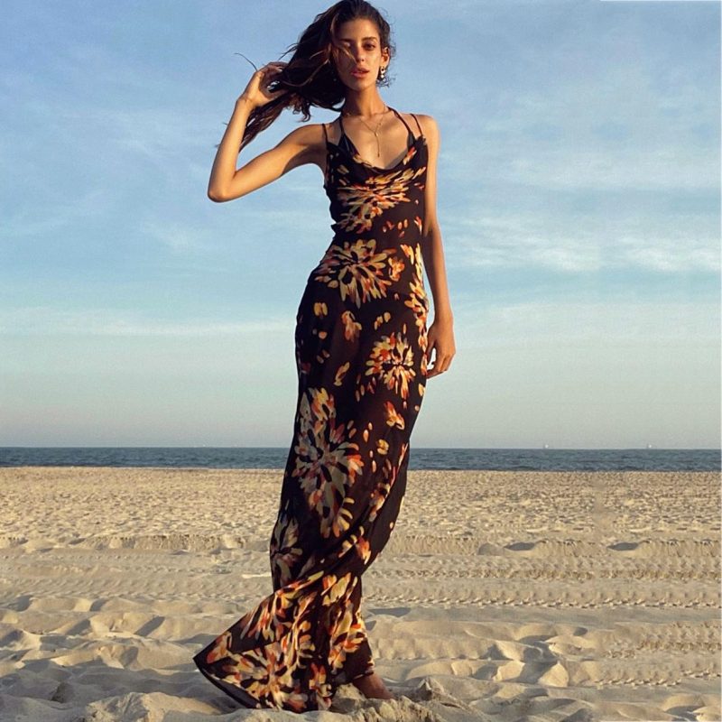 Popular Summer Women Clothing Sexy Print Pile Collar Sling Backless Maxi Dress for Women