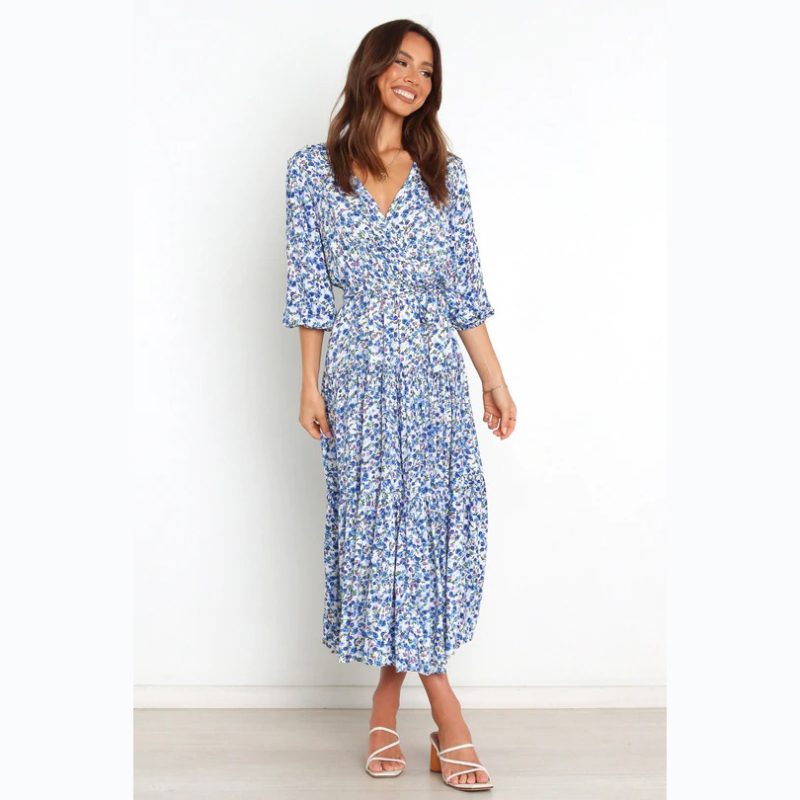 Spring Summer Floral Fresh Sweet Mid-Sleeve V neck Dress - Image 2