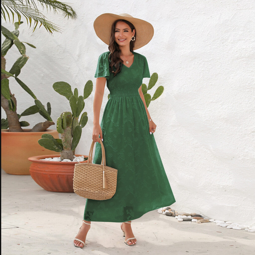 V neck Tight Waist Dress Jacquard Mid Length Short Sleeve Dress Holiday Travel Dress - Image 3