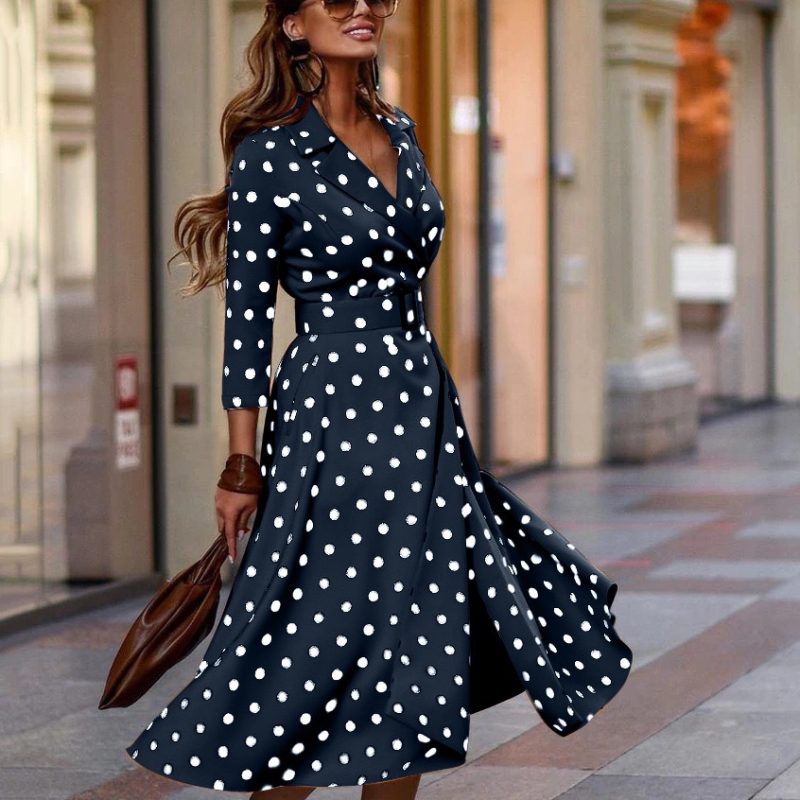 Women  Fashionable Polka Dot Print Suit Collar Large Swing Dress - Image 3