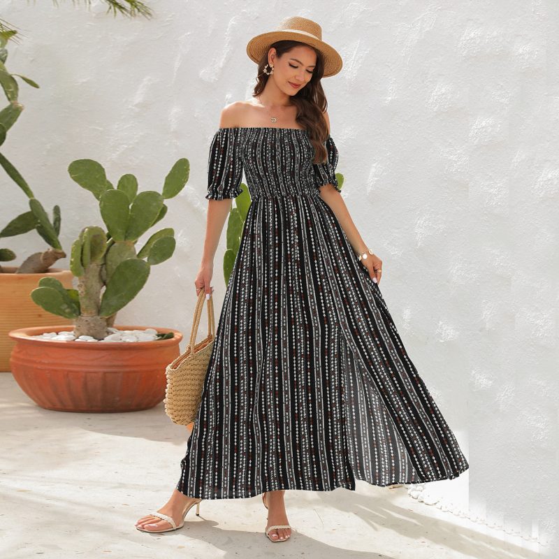 Spring Summer Vertical Stripes Floral Print Slit Waist Dress off Shoulder Short Sleeve Vacation Casual Dress - Image 2