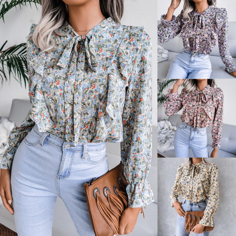 Autumn Winter Casual Lace up Ruffled Floral Chiffon Estampado Floral Shirt Top Women Clothing Plus Size - Image 5
