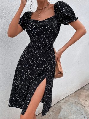 Polka Dot Puff Sleeve Slit Dress