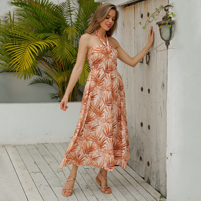 Summer Women Sexy off Shoulder Halterneck Printed Sleeveless Swing Dress Women