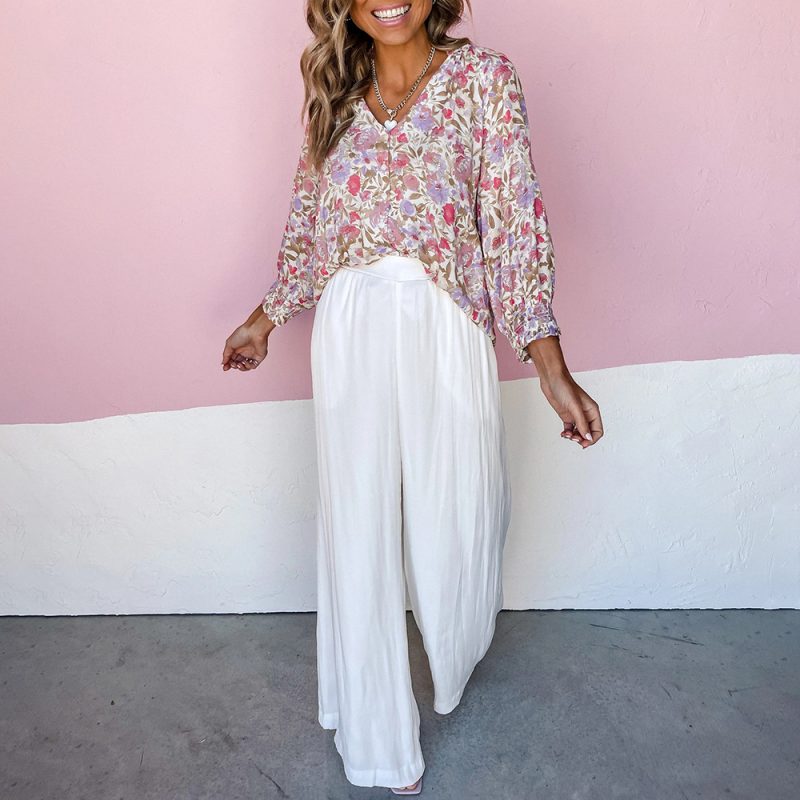 Spring Summer Floral V-neck Long-Sleeved Cardigan Single-Breasted Casual Shirt Women - Image 4