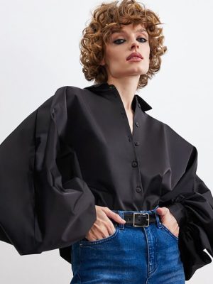 Summer French Satin High-Grade Niche Shirt Lantern Sleeve Ice Silk Cardigan Casual Solid Color