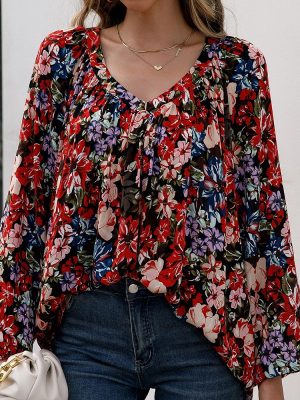 Loose Casual Floral Long Sleeved V neck Shirt Estampado Floral  Shirt Top for Women