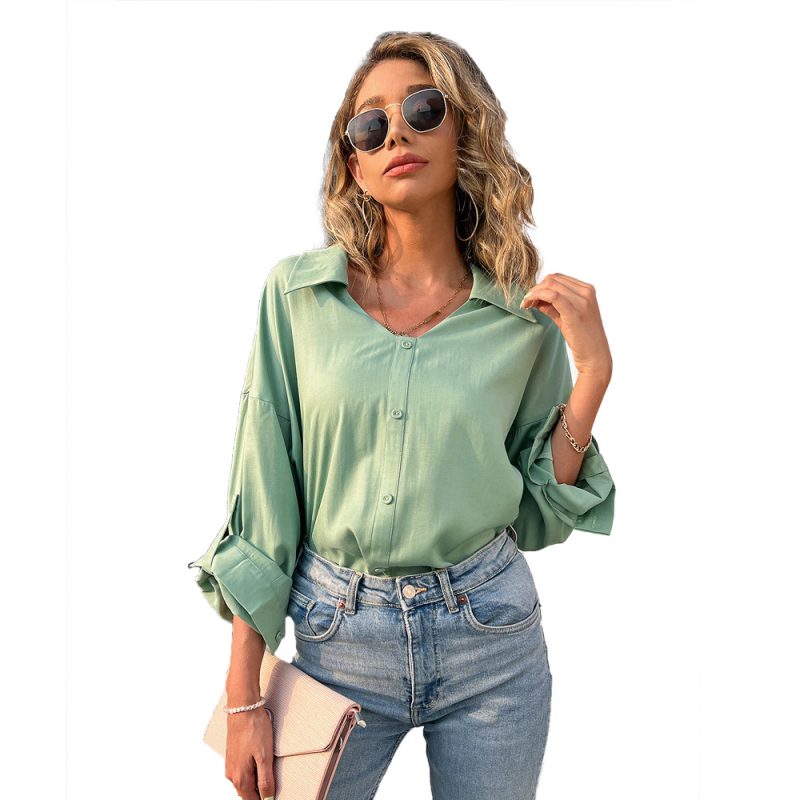 Summer Women Clothing Solid Color Long Sleeve Breasted V-neck Top Loose Shirt T-shirt Women - Image 4