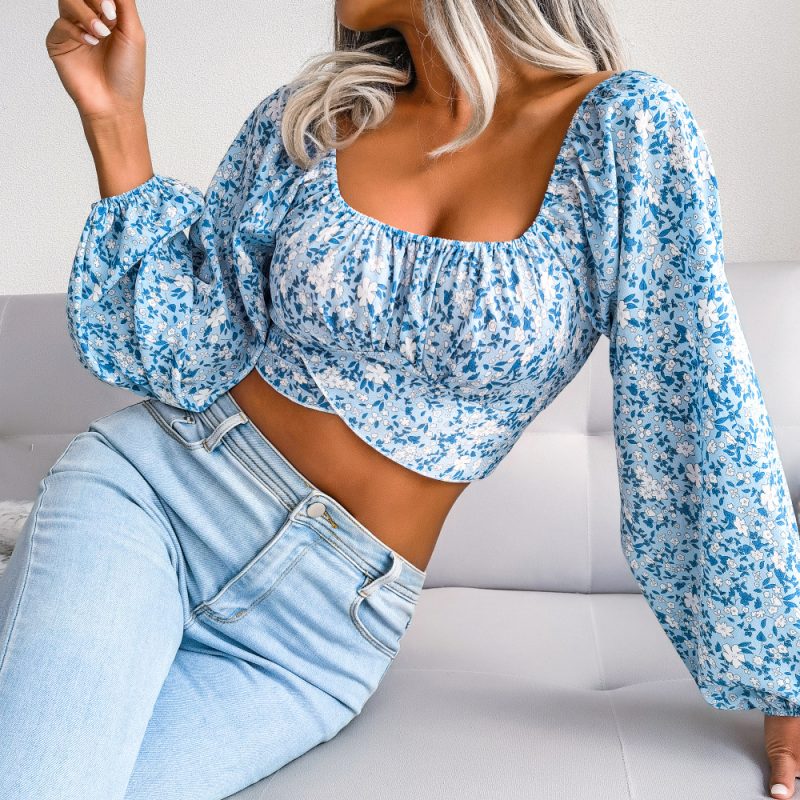 Lantern Sleeve Bow Floral Chiffon Shirt Vacation Cropped Top Women Clothing - Image 5