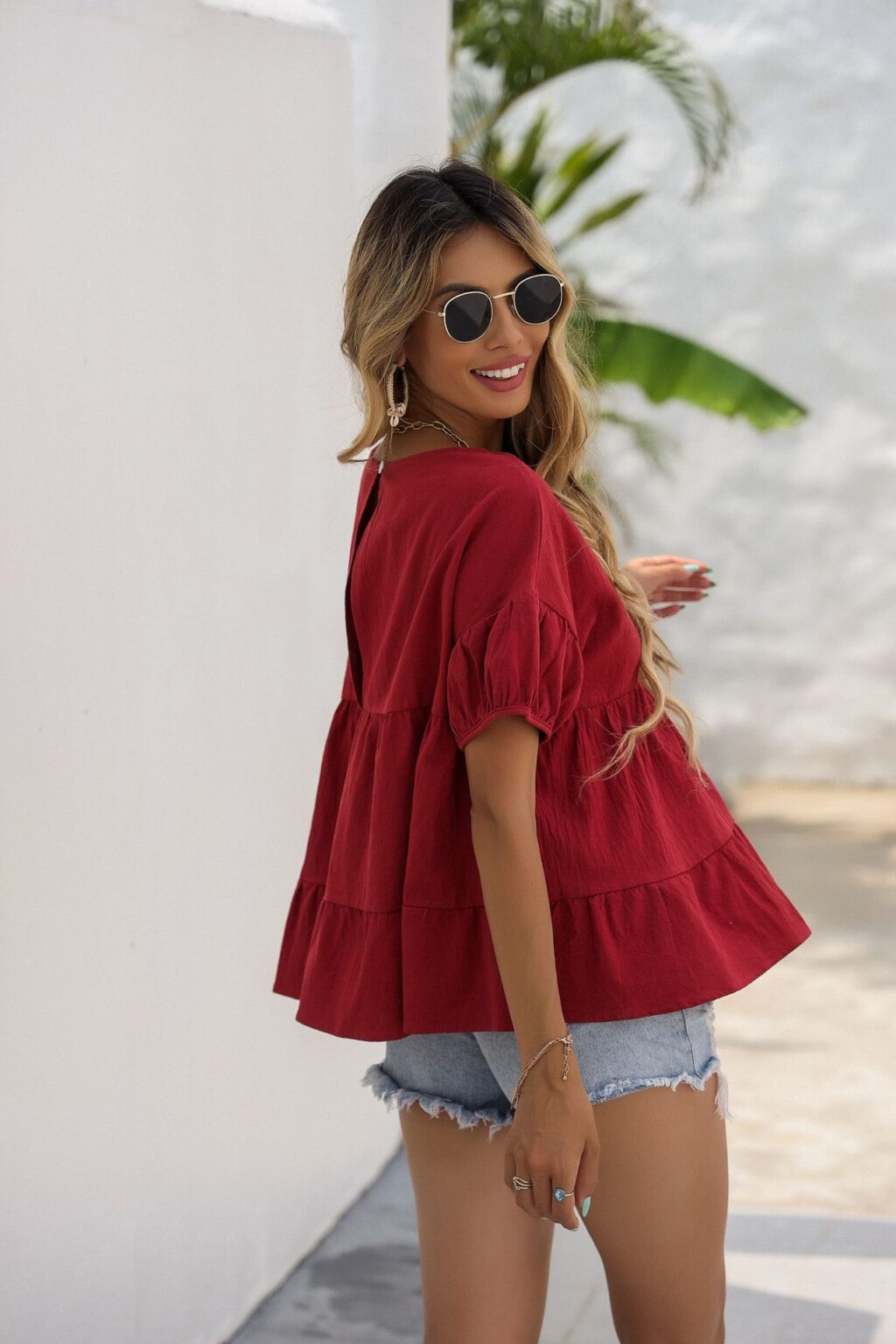 Women Shirt Summer Short Sleeve Solid Color Top - Image 4