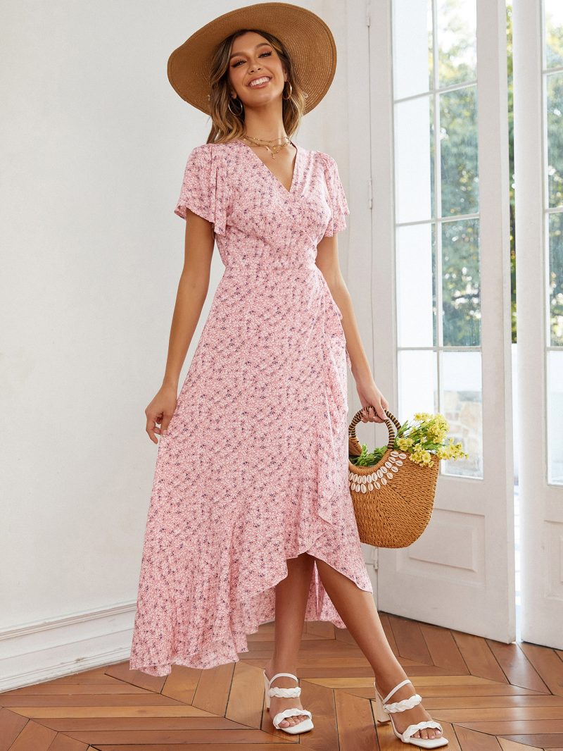 Bohemian Ruffles Sweet Floral Slim Dress V-neck Short Sleeve Ethnic High Slit Beach Maxi Dress - Image 2