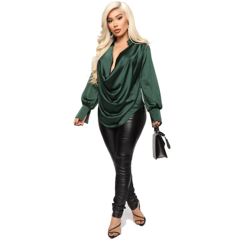 Simple Autumn Women Shirt Sexy Large V-neck Shirt Satin Casual Wild Women Shirt - Image 5
