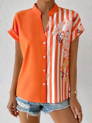 Spring Summer Women Double Striped Contrast Color Floral Button Cardigan Short Sleeve Shirt Women