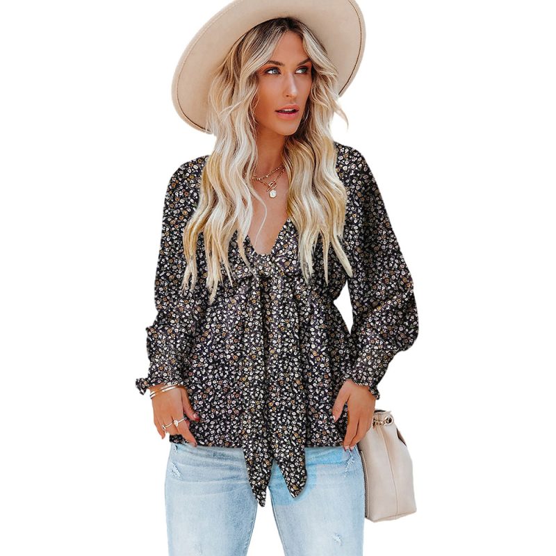 Waist Slimming Lace-up Chiffon Shirt Women Autumn Floral Long Sleeve Top - Image 5