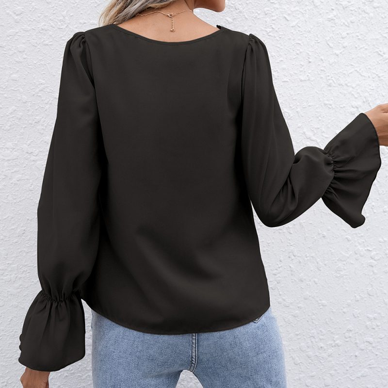 Autumn Elegant V-neck Hollow Out Hollow Out Cutout Lace Long Sleeve Shirt for Women - Image 3