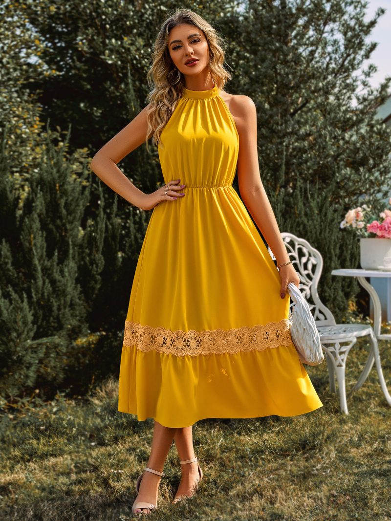Summer Casual Women Clothing Solid Color Sleeveless Halter Lace Dress - Image 3