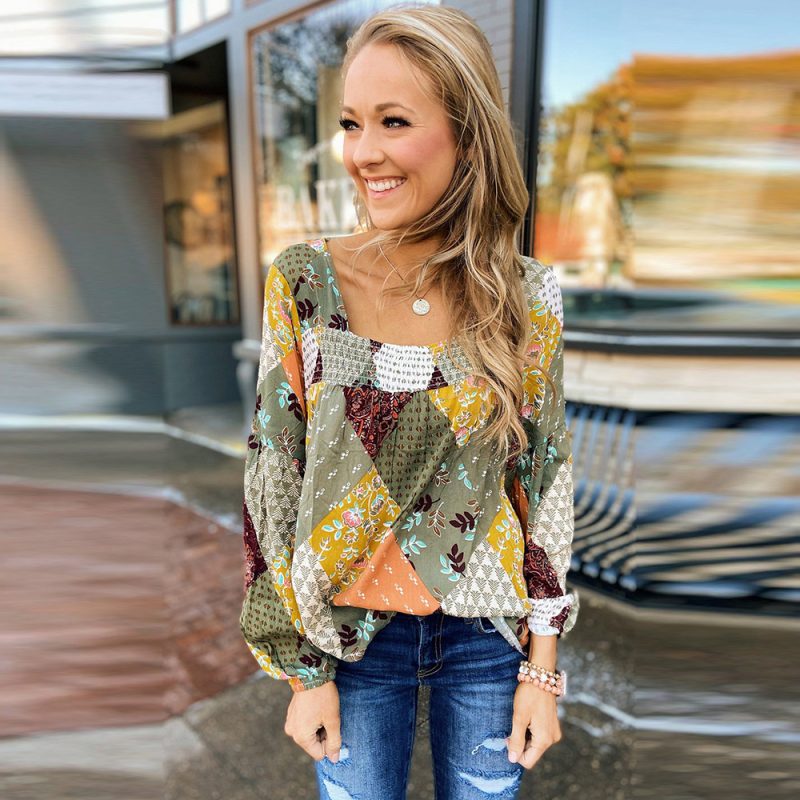 Green Square Collar Mixed Printed Top Women  Casual Long Sleeves T shirt - Image 4
