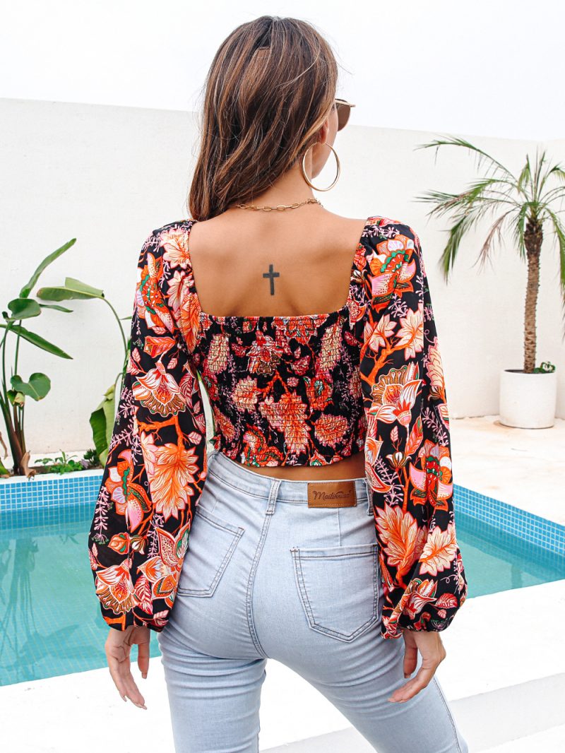 Women Clothing Spring Summer Criss Cross V-neck Printed Cropped Top Chiffon Shirt - Image 4