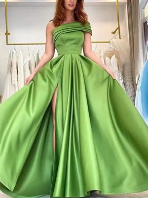 One Shoulder Satin Evening Birthday Cocktail Pettiskirt Green High Slit Sexy