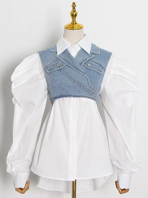 Women  Korean Preppy  Blazer Spring Polo Collar Solid Color Single Breasted Shirt Denim Lace up Vest