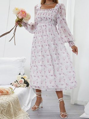 French Square Collar Floral Dress Minority Japanese Maxi Dress Long Sleeve Fresh Dress