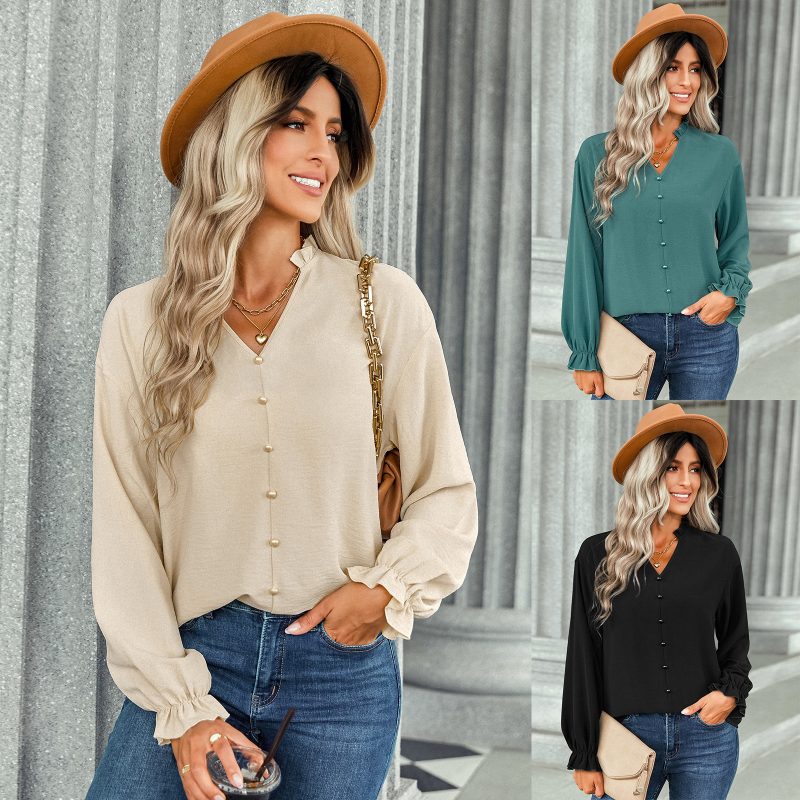 Autumn Winter V-neck Top Women Fastener Decoration Solid Color Shirt - Image 5