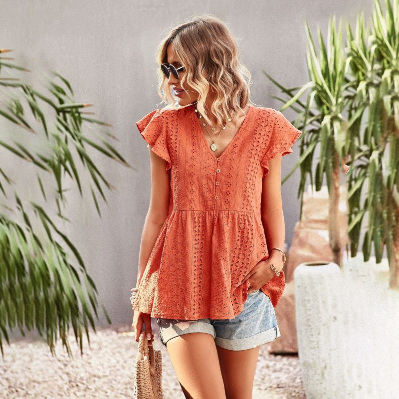 Solid Color  Cutout Shirt Women Summer Office V neck Top - Image 2