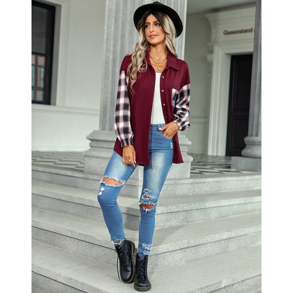 Women Clothing Autumn Winter Plaid Patchwork Top Women Polo Collar Loose Shirt - Image 3