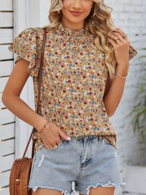 Women Clothing Summer round Neck Pullover Floral Tops Ruffle Sleeve Shirt