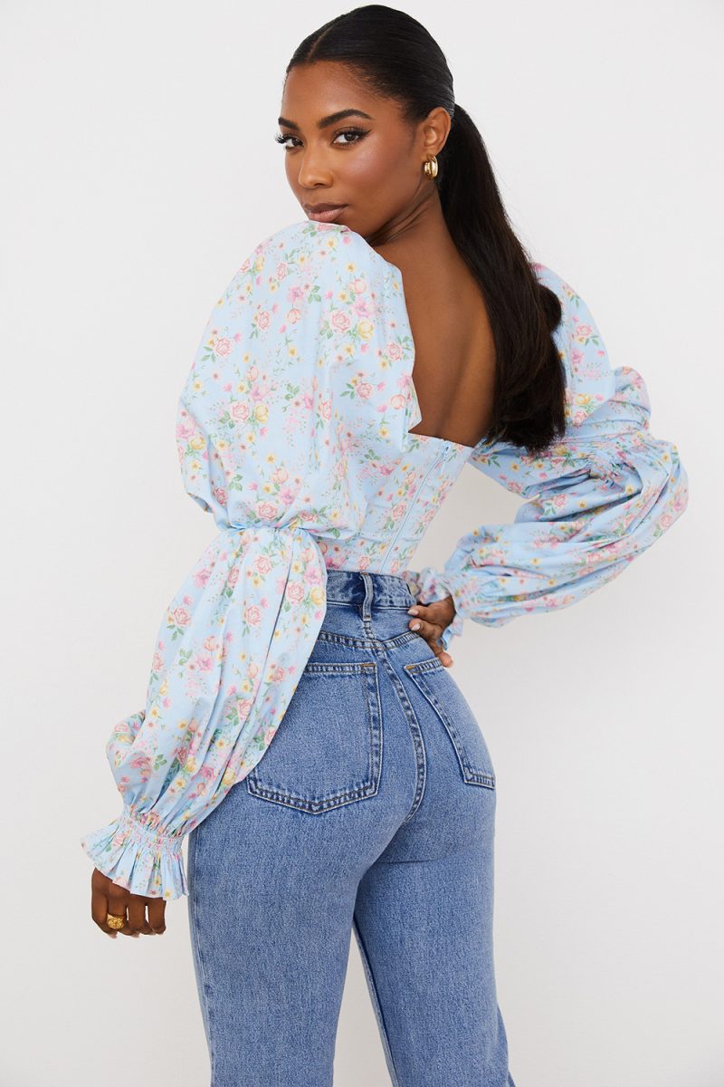 Floral Digital Printing Women Sexy Square-Neck Long Sleeve Autumn Wear Top Lantern Sleeve T-shirt - Image 2