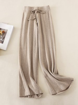 Knitted Thick Wide Leg Pants Women Autumn Winter High Waist Loose Drooping Straight Casual Long Pants Loose Vertical Stripes