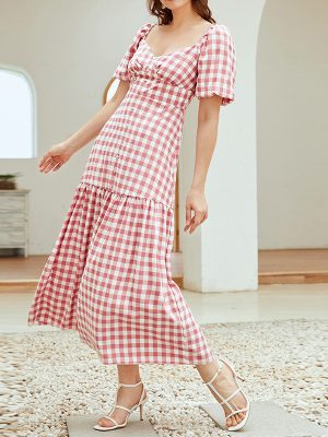 French Women Clothing Plaid Elegant Holiday Vacation Dress Tea Break Gentle Lightly Mature Dress for Women