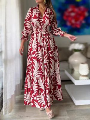 Autumn Winter Maxi Dress Waist Tight Pullover Bohemian Printed Long Sleeve Big Hem Dress