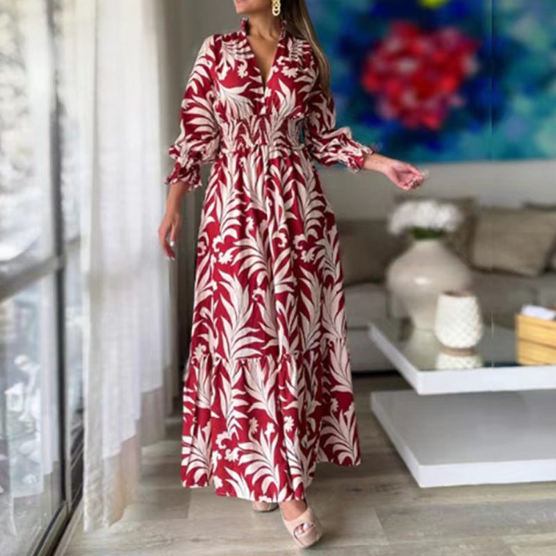 Autumn Winter Maxi Dress Waist Tight Pullover Bohemian Printed Long Sleeve Big Hem Dress