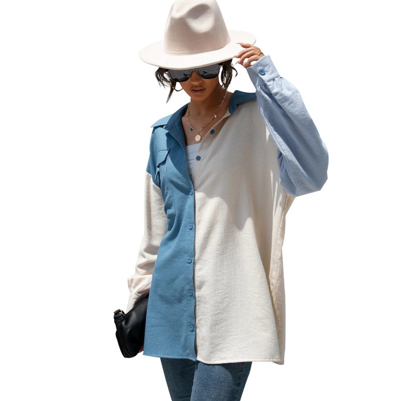 Summer Spring New  Color Block Stitching Shirt for Women - Image 4